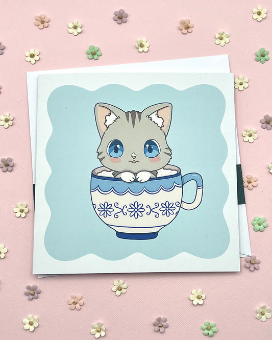 Cat in a Cup Greetings Card